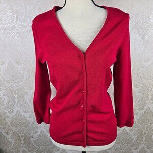 Ann Taylor Size Medium Red V-neck Button Front Cardigan Decorative Sleeve Hem